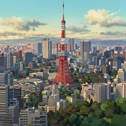 vertical panorama of the neo - tokyo skyline in the style of studio ghibli