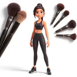 athletic makeup artist with brushes, stylized pixar-style 3d render, full body, standing, isolated on a pure white background, centered, whole figure in frame, sharp focus, studio lighting