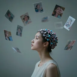 prompt director, girl with eeg nodes on head, beautiful futuristic, zen atmosphere, throwing images against the wall, dream - like atmosphere