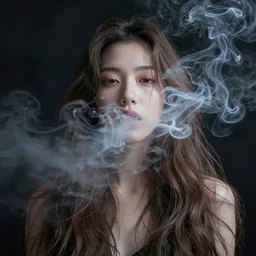dark background, light paint, candid!! long portrait of a very very beautiful! alf with narrow face, large eyes and flowing long hair, swirling dreamy smoke and fog is coming from her mouth, face partially obscured, by conrad roset, abstract background, dramatic lighting, trending on artstation