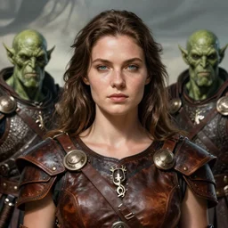 halforc with greenskin, warrior, art by artgerm and greg rutkowski and magali villeneuve, leatherarmor, brownhair, d & d, fantasy, portrait, highly detailed, headshot, digital painting, trending on artstation, concept art, sharp focus, illustration