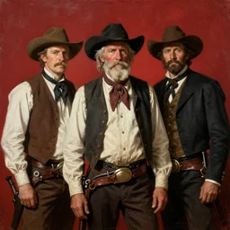 Solomon Joseph Solomon and Richard Schmid and Jeremy Lipking victorian genre painting portrait painting of a old rugged movie actor cowboys gunfighter old west character in fantasy costume, red background
