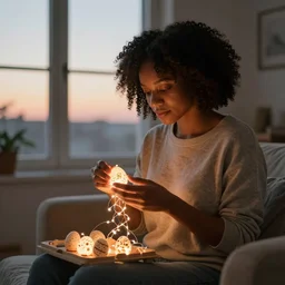 African American woman sitting in her apartment at sunset, sewing glowing eggs together with strands of light. 4k