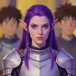 A professional digital portrait painting of a young adult female tiefling, painted by Wes Anderson, painted by Hayao Miyazaki, dressed in light armor, 4k, digital art, trending on cgsociety, highly detailed, head and shoulders shot, shallow depth of field, purple and yellow lighting, professional lighting, airbrush,