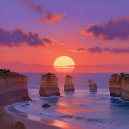 a beautiful illustration of twelve apostles at sunset, art of alena aenami, featured on artstation, vertical orientation, paint brush strokes, expressionism, brushstroke - laden, breathtaking clouds, birds, ocean, beautiful stars, long exposure, gigantic sun, airy theme, red purple gradient, lens flare