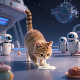 Film still of a distant cat drinking milk on a space ship with robots in a Pixar movie, high octane render, year 3000