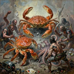 oil painting of 1 9 7 8 battle - panorama giant crab and octopus fight in chalk clusters terrors clawed weapons held in necrotized skirmish stewing rococo glass fang garbage, by alberto bontempi, shigeru komatsuzaki, wayne d barlowe, alex ross, enric torres, simon bisley & boris vallejo, hyper realism, cinematical