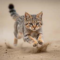 macro photo by national geographic of a sand catjumping from below through sand, fast shutter speed, motion blur, tiny gaussian blur, insanely detailed, insanely intricate, depth of field, low contrast, wide aperture, action photography