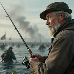 close up cinematic artwork of a random old fisherman holding a fishing rod, staring down the enemy on the battlefield by Greg Rutkowski, 4k, masterpiece