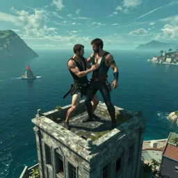 cesar killed by brutus in the top of a building by the sea, cyberpunk style