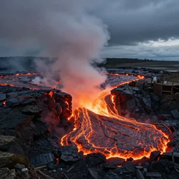A lake of molten lava, a submarine surfacing in it