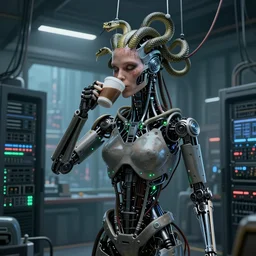 the upper torso of a terminator cyborg lady with borg implants, human face and robotic snakes coming out of her head is hanging from cables and wires off the ceiling of a lab. Her bottom half is missing with cables hanging out. She is taking a sip from a cup of coffee. Tiny green led lights in her cybernetics. Sophisticated server room in the background, with dystopian city visible through the window. very detailed 8k. Horror cyberpunk style.