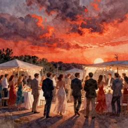 a beautiful watercolour, party in the style of stefan norblin, red and orange colour scheme
