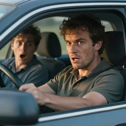 a man with a crazy look driving car, a frightened man next to the driver, hd, ultra realistic, detailed, cinematic