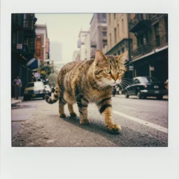 Polaroid photo of a giant cat walking in a 1920's city, award winning
