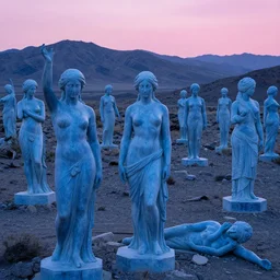 dozens of giant blue marble statues of women, in various ruin across a mountainous desert with pink light on the horizon by andreas achenbach and carl gustav carus and thomas cole and delphin enjolras, and dali, blue mood