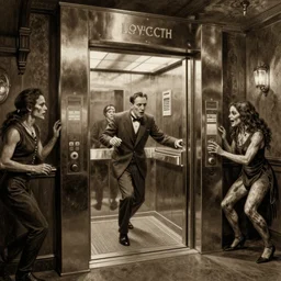 action scene sepia painting of a 1 9 2 0 s hotel horror elevator, h. p. lovecraft, m. c. escher, h. r. giger, atmospheric lighting, brooding, painted, intricate, ultra detailed, well composed, best on artstation, cgsociety, epic, horror, stunning, gorgeous, intricate detail, much wow, masterpiece, cinematic aesthetic octane render, 8 k hd resolution,