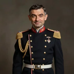 hyperrealistic full body portrait of mr bean, highly decorated uniform, portrait, highly detailed, hyperrealistic, digital painting, artstation, concept art, smooth, sharp focus, illustration, cinematic lighting, art by artgerm and greg rutkowski and alphonse mucha