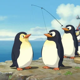 wholesome animation key shot, penguins fishing off a wharf, studio ghibli, pixar and disney animation, sharp, disney concept art watercolor illustration by mandy jurgens and alphonse mucha and alena aenami, pastel color palette, dramatic lighting