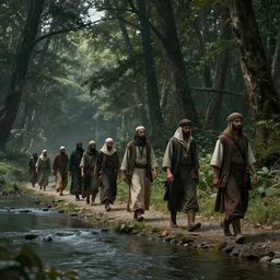 muslim adventurers walking along the river bank in a forest, an epic fantasy, dramatic lighting, cinematic, extremely high detail, photorealistic, cinematic lighting, matte painting, artstation, 50mm lens, by simon stalenhag, horizon forbidden west