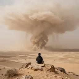 man sitting on top peak mountain looking at huge vast sandstorm dust tornado desert