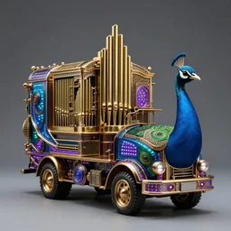 steampunk concept truck modeled to look like a peacock with a tall brass pipe organ on the back with blue, green and purple accents and leds, hyper realism, studio lighting