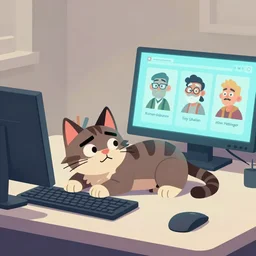 a puppet cat is lying on the computer table, characterized by roman shipunov, etienne hebinger, atey ghailan, cgsociety, fantasy art, 2 d game art