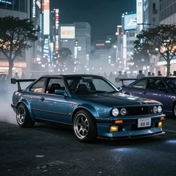 a car S30 twin turbo drift at illegal car meet, Shibuya prefecture, city midnight mist lights, cinematic lighting, photorealistic, highly detailed wheels, high detail