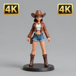 80mm resin detailed miniature of a cow girl, Short brown leather jacket, denim short pants, ten-gallon hat; Product Introduction Photos, 4K, Full body