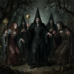 The night of the 5 murderous sorcerers, horror scene, highly detailded. By Konstantin Razumov, Rembrandt and Albrecht Dürer