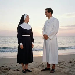 a nun and a priest wearing swimsuits on the beach at sunset, 1967, photograph style, high definition, award winning