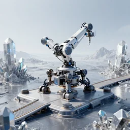 robotic cybernetic mining rig on launchpad on cybernetic crystal planet. digital render. cyber space lineart sky. biotic ice. james gilleard. futuristic. detailed. mike winkelmann. beeple. robot. artstation.