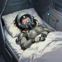 high budget scifi hollywood film mechanic anime girl in oxygen mask sleeping in bed inside spaceship, trending on pixiv fanbox, painted by gaston bussiere, makoto shinkai, akihiko yoshida, gaston bussiere, craig mullins