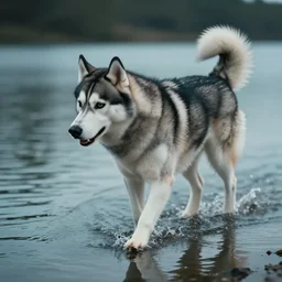 Husky walks on water, 8k photography, cinematic