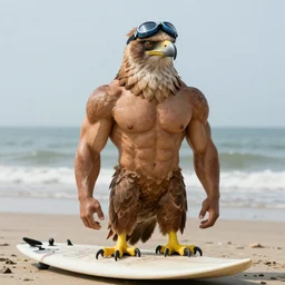 muscular anthropomorphic hawk surfer shirtless on a beach, male, avian, detailed light brown feathers, yellow talons, wearing goggles on head, brown eyes, striking an cool and unbothered pose, semi realistic