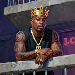 palette knife oil painting portrait of ll cool j, a king - with gold crown with rubies, man in mafia wear and australian aboriginal body paint, concrete balcony, nightclub, artstation trending, artgerm, any racial background, deviant art, hipster, octane, substance, art history 8 k