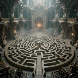 Inside of an intricate labyrinth, organic, baroque, wonderland, mist, cinematic shot, photorealistic, photography, octane, high definition, detailed, 8k, artstation