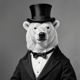 a polar bear dressed with a tuxedo and a top hat, with a smirk and snobby disapproving look. by william adolphe bouguereau. extremely detailed. beautiful. black & white. daguerrotype