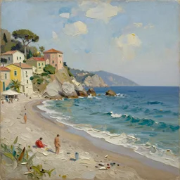 oil paint impasto reliefs, italian beach scene, an artwork by charles w. bartlett and colin campbell cooper