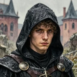 quiet, no smile, 4 0 years old male, serious, no smile, robber, curly hairs, wearing black assassin medieval hood, wlop, artgerm, jason chan, charlie bowater, sergey kolesov, medieval, fantasy d & d, watercolor on paper, hyper detail portrait, closeup on face, dark pastel building in the rain on the background