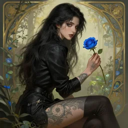 black jacket tattooed attractive girl sits on a garden holding a blue rose, deep focus, turnaround, fantasy, intricate, elegant, highly detailed, digital painting, artstation, concept art, matte, sharp focus, illustration, hearthstone, art by artgerm and greg rutkowski and alphonse mucha.
