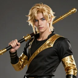 An epic fantasy comic book style portrait painting of a young man with wavy blonde hair and blue eyes, wearing a black shirt with a golden diagonal stripe and golden sleeves with black bracelets. He is holding a golden bo staff. Unreal 5, DAZ, hyperrealistic, octane render, cosplay, RPG portrait, dynamic lighting