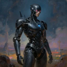 Dark Cyborg portrait in a surreal dream landscape, cinematic lighting, detailed oil painting, 8k