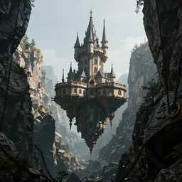 immense floating one castle in the middle of high mountains hanging by chains inside a gorge below only darkness, clean sky, hight contrast, void, 8 k resolution, unreal engine 5, hyper - detailed, perspective view, 2 4 mm lens, by simon bisley, beeple, justin gerard