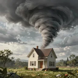 a house flying in a tornado, digital art