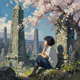beautiful painting of the contemplation of glitches blossoming on ancient while monuments in the style Ayami Kojima, Amano, Karol Bak, Greg Hildebrandt, and Mark Brooks, neogothic art, detailed, trending on Artstation