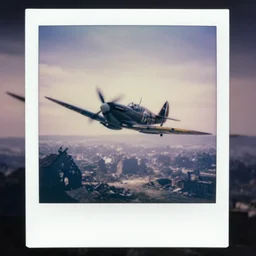 detailed medium format photo, polaroid still from tarkovsky movie, british spitfire plane flying over a destroyed city, haze, high production value, intricate details, 8 k resolution, hyperrealistic, hdr, photorealistic, high definition, tehnicolor, award - winning photography, masterpiece, amazing colors