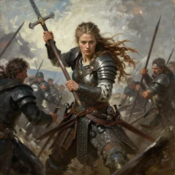 a beautiful woman Viking warrior with braided hair brutally destroys her enemies on the battlefield, oil painting, trending on artstation