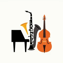 logo of a famous jazz band, minimalistic, colorful, clarinet, piano, bass