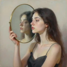 ultrarealism oil painting, woman with reflective mirror instead of head